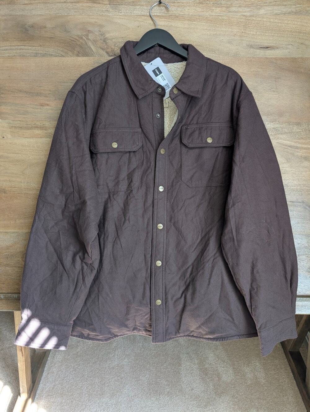 CQR Flannel Shirt Jacket Mens XL Brown Solid Sherpa Lined Long Snap Button NWT